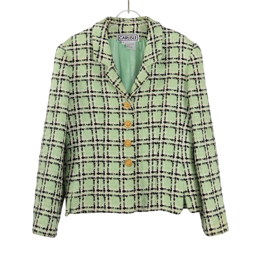 Vintage Carlisle Mint Green Plaid Tweed Blazer Jacket Size 4 Small Gold Buttons